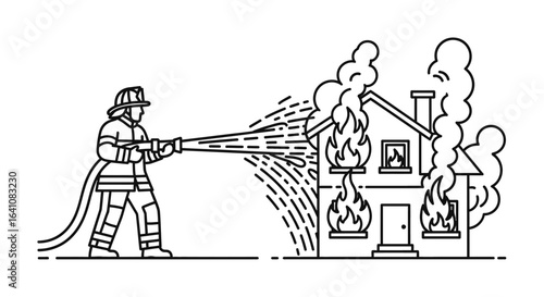 Firefighter Extinguishing House Fire with Water Hose, Line Art
