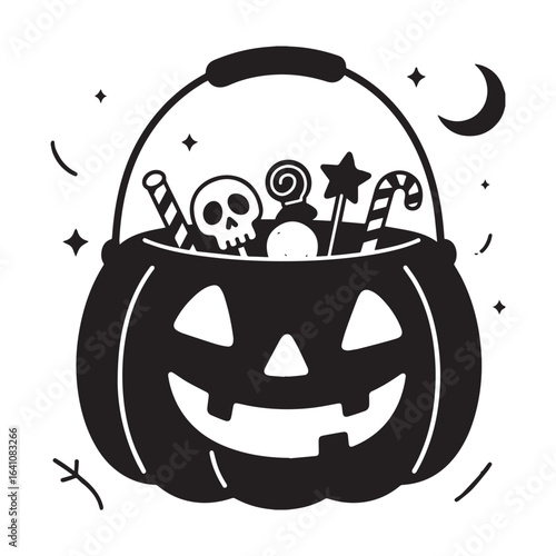  A black silhouette vector illustration of a Halloween pumpkin-shaped candy bucket filled with treats. 