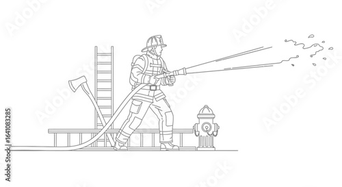 Firefighter in Protective Gear Actively Spraying Water from Hose