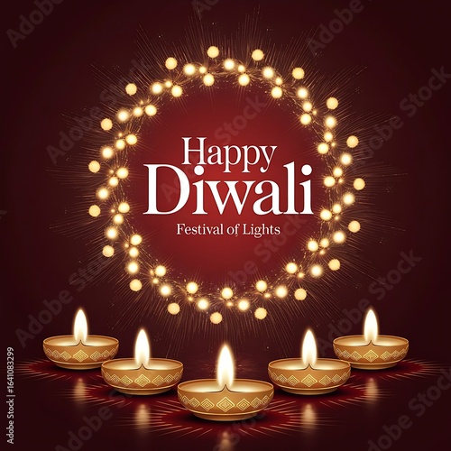 Wallpaper Mural Festival of lights Diwali with radiant oil lamps, golden bokeh circle and maroon backdrop, traditional Indian celebration background for holiday cards, banners, posters and festive graphic designs Torontodigital.ca