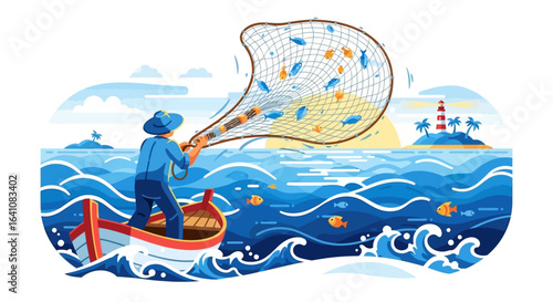 Fisherman in Boat Casting Net Capturing Fish in Ocean