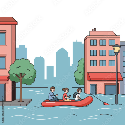 A family navigating flooded city streets in a small inflatable raft, seeking safety.