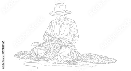 Fisherman Mending Net with Traditional Hat and Tools