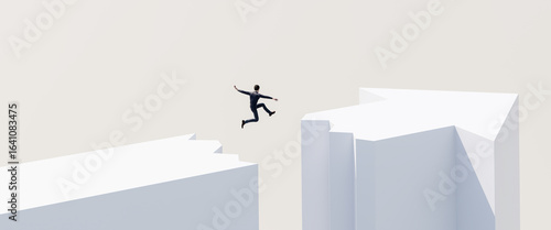 Foto A businessman jumping over a gap in an arrowhead