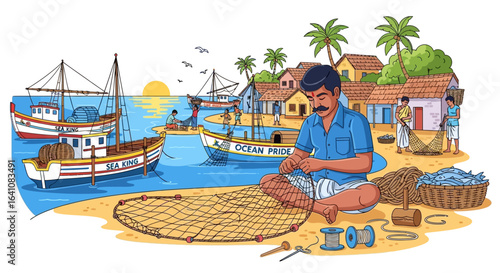 Fisherman Mending Net on Sandy Beach with Boats and Village Scene