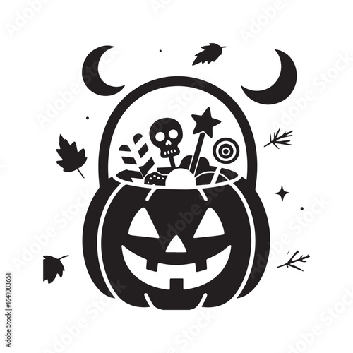  A black silhouette vector illustration of a Halloween pumpkin-shaped candy bucket filled with treats. 