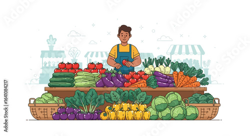 Friendly male vendor in a blue apron at a vibrant farmer's market stall full of fresh, colorful vegetables.