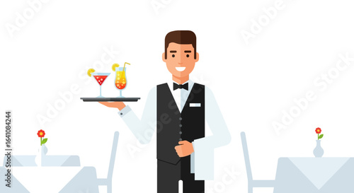 Friendly male waiter in a black vest and bow tie, smiling while serving colorful cocktails on a tray.