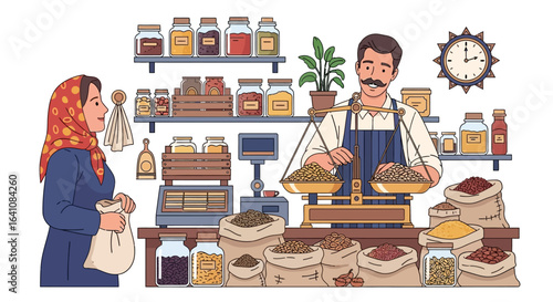 Friendly male vendor with a mustache weighing grains for a female customer in a traditional market stall.