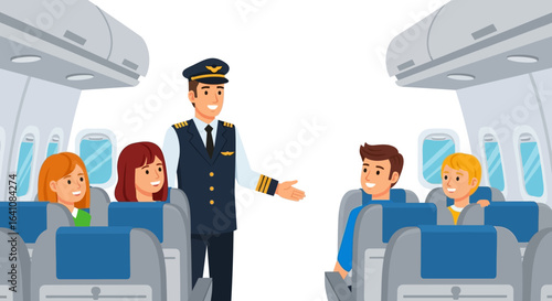 Friendly pilot in uniform greeting smiling passengers inside an airplane cabin.