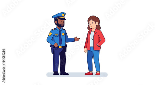 Friendly police officer with a beard talking to a woman in a red jacket. Flat vector illustration.