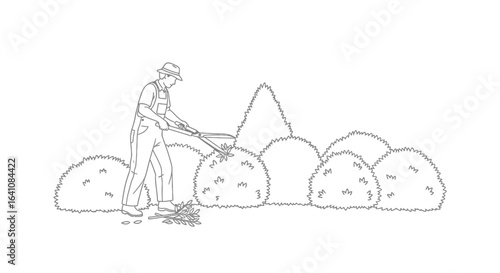 Gardener in a hat and overalls carefully shaping bushes with manual hedge trimmers, line art style.