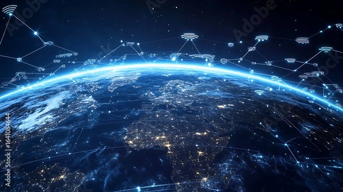 A rotating globe with cloud services and IoT networks across continents 