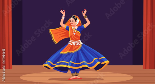 Graceful Indian Dancer in Traditional Blue and Orange Attire Performing on Stage