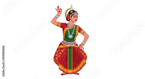Graceful Indian Dancer in Traditional Red and Green Attire Performing Classical Pose