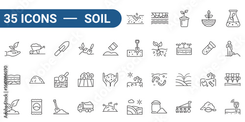 35 soil related icons with outline style, depict various farming and gardening activities. Perfect for agriculture infographics, websites, presentations, and educational materials. editable stroke.