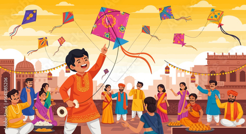 Happy Indian people in colorful traditional attire celebrating a kite festival on a rooftop, flying vibrant kites under a golden sky.