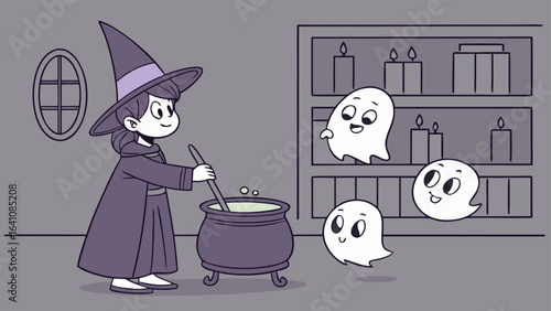 A witch in a pointy hat is making a potion in a cauldron with bubbles in a forest with mushrooms nearby