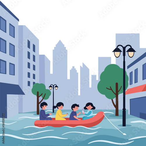 Illustration depicts a family navigating floodwaters in a small inflatable boat amidst a flooded city.