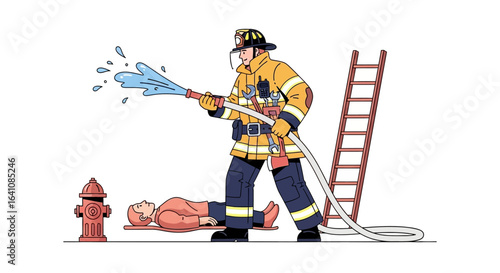 Heroic firefighter in yellow gear with tools, spraying water from a hose over a rescued victim.