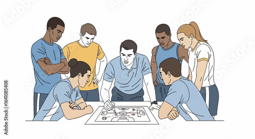 Illustrated coach explaining a game plan on a strategy board to a diverse team of young athletes.