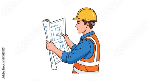 Illustrated construction worker in profile, wearing a yellow hard hat and orange safety vest while examining a blueprint.