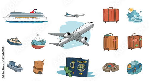 Travel themed illustration featuring cruise ship airplanes passport and suitcases representing various modes of transportation and travel essentials for vacation planning