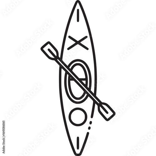 A minimalist line art illustration of a kayak with a paddle, isolated on white background, perfect for representing water sports, recreation, and outdoor adventures
