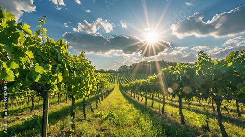 Lush grapevines in a vineyard under clear skies