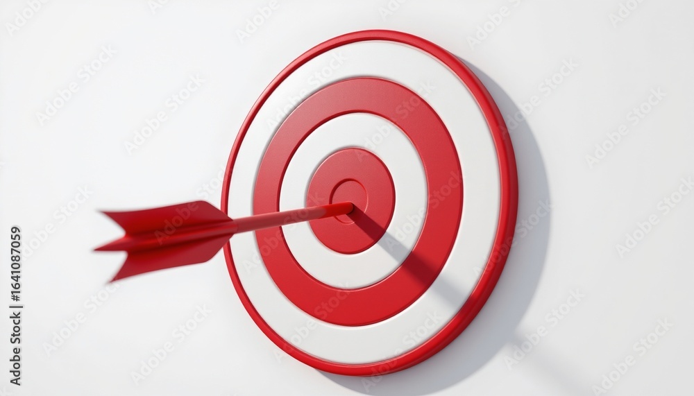 Create a 3D plastic render of an arrow hitting the center of a bullseye target, The target should be red and white with a smooth finish Create a 3D plastic render of an arrow hitting the center of a bullseye target, The target should be red and white with a smooth finish