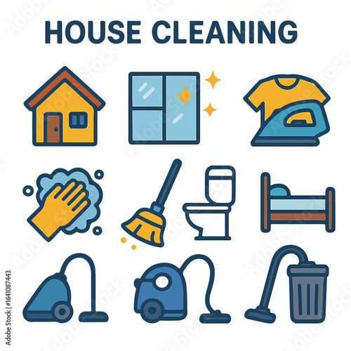 House cleaning icons set vector illustration symbolizing different tasks from vacuuming to washing and ironing for household management and hygiene