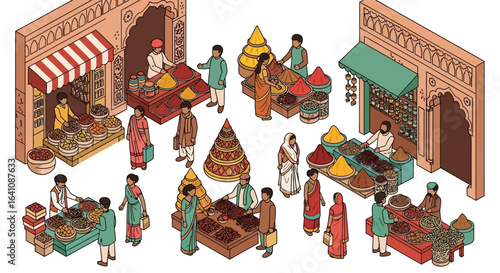 Isometric illustration of a bustling traditional Indian spice bazaar with vendors and customers.