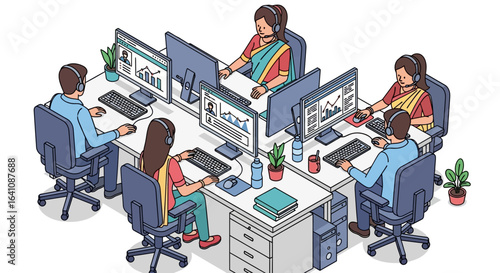 Isometric illustration of a diverse Indian call center team with headsets working on computers.