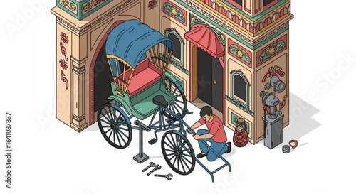 Isometric illustration of a mechanic repairing a traditional Indian cycle rickshaw outside an ornate workshop.