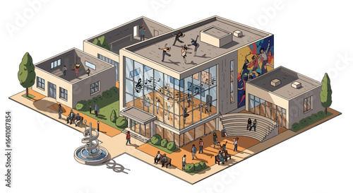 Isometric Illustration of a Modern Performing Arts Center with Dancers and Audience