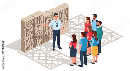 Isometric illustration of a museum tour group with guide pointing at ancient carved stone blocks.