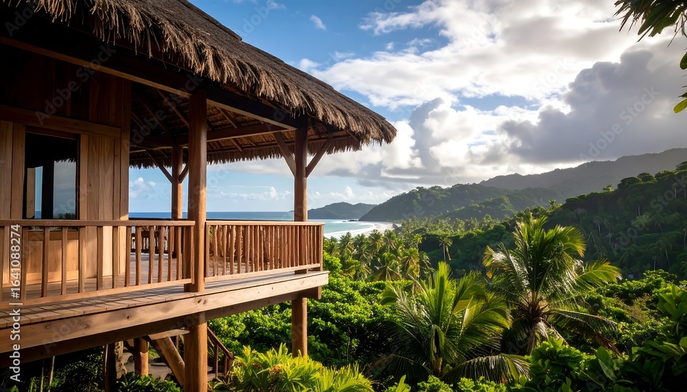 Tropical wooden cabin overlooking ocean and jungle Tropical wooden cabin overlooking ocean and jungle