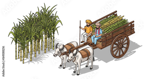Isometric illustration of two Sikh farmers driving a wooden bullock cart loaded with freshly harvested sugarcane stalks.