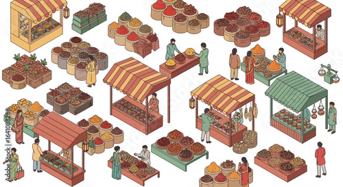 Isometric illustration set of a vibrant Indian spice market with vendors, customers, and colorful spice stalls.