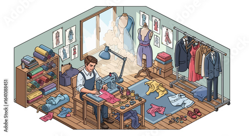 Isometric view of a tailor's workshop with a man sewing, surrounded by fabrics and mannequins.