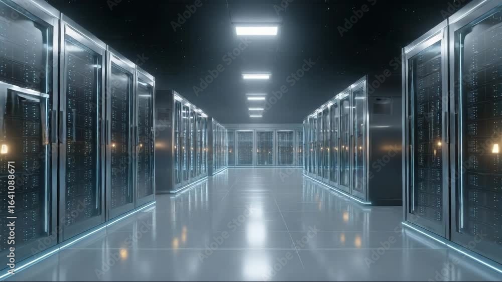 Data center with server racks and illuminated corridor in modern style Data center with server racks and illuminated corridor in modern style