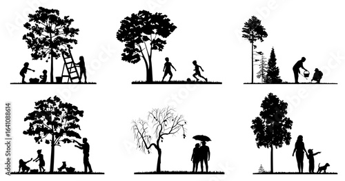 Silhouettes of people, park trees and garden landscapes. Vector illustration.	
