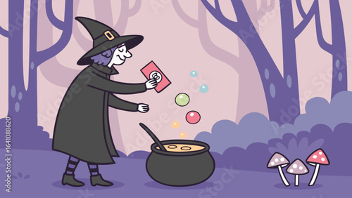 A witch in a pointy hat is making a potion in a cauldron with bubbles in a forest with mushrooms nearby