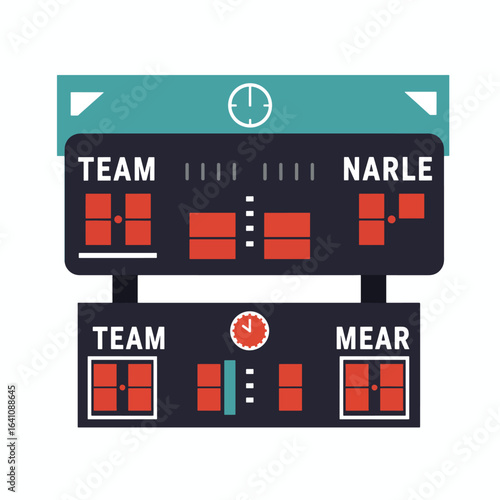 A stylized illustration of a scoreboard displaying scores for two teams, with a clock.