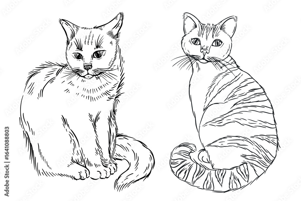Obraz premium Vector illustrations of a cat and a cat, a fluffy cat and a striped, all the objects are hand-drawn with ink. The illustration is suitable for coloring, printing on cat food packaging, on fabric.