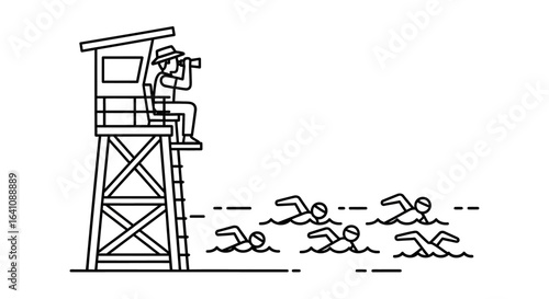 Lifeguard in Tower Observes Swimmers in Water with Binoculars