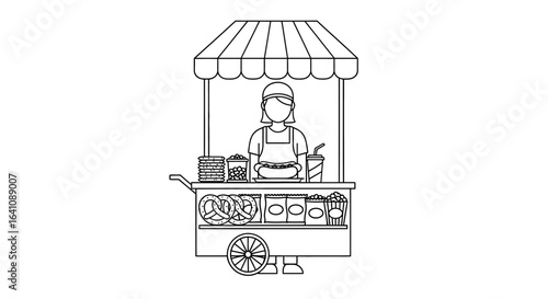Line art illustration of a female vendor at a street food cart with hot dogs and pretzels.