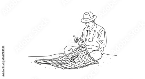 Line art illustration of a fisherman in a hat sitting on the sand and mending a fishing net.