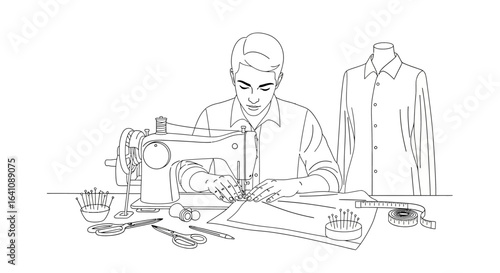 Line art illustration of a focused male tailor sewing on a machine, surrounded by crafting tools.