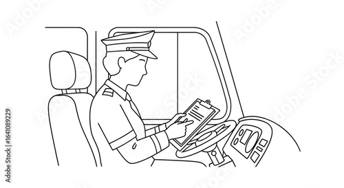 Line art illustration of a uniformed driver sitting in a vehicle cabin and checking a clipboard.